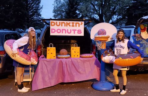 Dunkin' Donuts trunk-or-treat Dunkin’ Donuts Trunk Treat, Coffee Trunk Or Treat Ideas, Trunk Or Treat Ideas For Cars Dunkin, Food Theme Trunk Or Treat, Trunk Or Treat Donut Theme, Trunk Or Treat Ideas Fast Food, The Office Trunk Or Treat, Dunkin Trunk Or Treat, Dunkin’ Donuts Trunk Or Treat