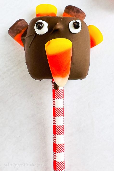 marshmallow pop decorated to look like a Thanksgiving turkey Turkey Veggie Platter, Marshmallow Pops Recipe, Decorated Marshmallows, Thanksgiving Servings, Thanksgiving Snacks, Chocolate Melting Wafers, Candy Eyeballs, Cake Pop Sticks, Pop Stick