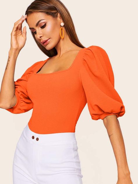 Shein Neon Orange Square Neck Puff Sleeve Top Square Neck Puff Sleeve Top, Lantern Sleeve Top, Orange Square, Bright Fabrics, Fitted Shirts, Bright Fashion, Square Neck Top, Blouse For Women, Bishop Sleeve