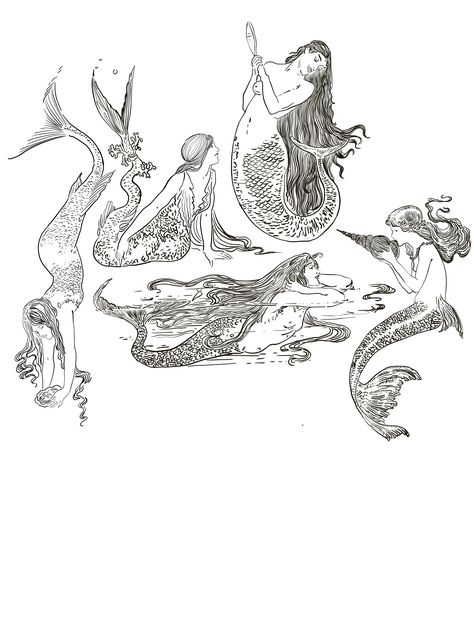 3 Mermaids Tattoo, Old Mermaid Drawing, Octopus Mermaid Tattoo, Art Deco Mermaid Tattoo, Art Nouveau Mermaid Tattoo, Bath Tub Tattoo, Mermaid Illustration Vintage, Witchcore Tattoo, Mermaidcore Tattoo