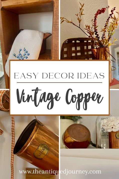 various ways of using vintage copper as home decor Copper Display Kitchen, Copper And Wood Decor, Copper Bucket Decor Ideas, Copper Pot Decor Ideas, Decorating With Copper Accents, Vintage Copper Decor, Decorating With Copper In The Kitchen, Copper Bowl Decor Ideas, Brass Bowl Decor Ideas