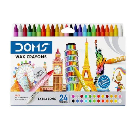 Doms wax crayons are the primary tool for your child to visualize their ability to present imagination and empowering skill of colour recognition with the heart to hand and brain eye coordination. Rich and brighter shades. Smooth and even shading. Due to the extra-long size, they are very comfortable for tiny hands.  Each crayon has the shades mentioned on it to help the child learn more about the colour. Colour Shading, Wax Crayons, Tiny Hand, Art Tools, Brilliant Colors, Free Coloring, Extra Long, Kids Learning, Crayon