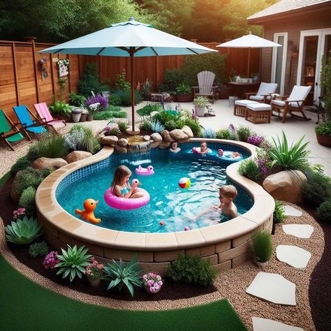 Little Pools Backyard, Florida Back Patio Ideas, Small Backyard Pool Landscaping Ideas, Yard Oasis Ideas, Splash Pools Backyard, Pool In Small Backyard Ideas, Back Yard With Pool Area, Pools In Small Backyards, Small Swimming Pools Backyard Tiny House