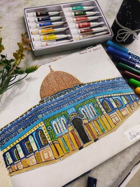 Masjid Al Aqsa Painting, Beautiful Masjid, Islamic Art Canvas, Arabian Art, Color Drawing Art, Color Drawing, Arabic Calligraphy Art, Architecture Presentation, Water Painting