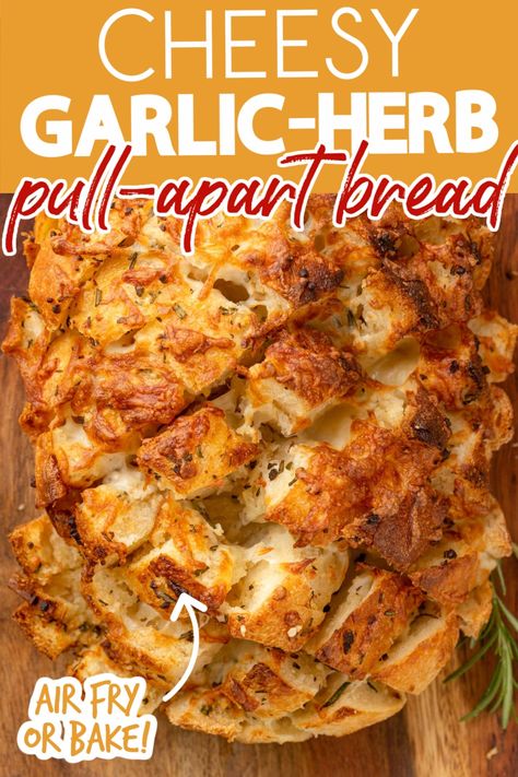 Stuffed with garlic herb butter and melted cheese, this easy pull apart bread is a great appetizer, snack, or side dish. Great for Game Day! Make it in the air fryer or a standard oven. Bread Air Fryer, Cheesy Garlic Pull Apart Bread, Pull Apart Cheese Bread, Garlic Pull Apart Bread, Cheese Pull Apart, Pull Apart Garlic Bread, Cheesy Pull Apart Bread, Sweet Savory Recipes, Bread Maker Recipes