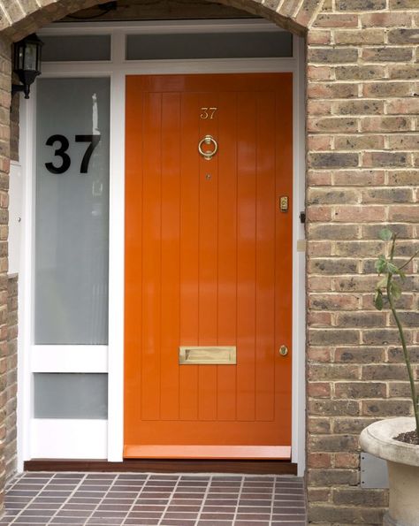 Orange Front Door, Oversized Door, Single Patio Door, Doors With Windows, Orange Front Doors, Cottage Extension, 80s House, Double Sliding Barn Doors, Oval Glass Front Door