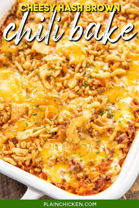 Cheesy Hash Brown Chili Bake - comfort food at its best! Super easy to make with only a few simple ingredients. The whole family cleaned their plate and went back for seconds. Ground beef, chili, sloppy joe sauce, hash browns, cheese, and french fried onions. Can assemble the casserole ahead of time and refrigerate or freeze for later. Chili night never tasted so good! Chili Hashbrown Casserole, Plain Chicken Recipe, Chili Bake, Chili Casserole, Sloppy Joe Sauce, Ground Beef Chili, Hamburger Dishes, Casserole Side Dishes, Cheesy Hashbrowns