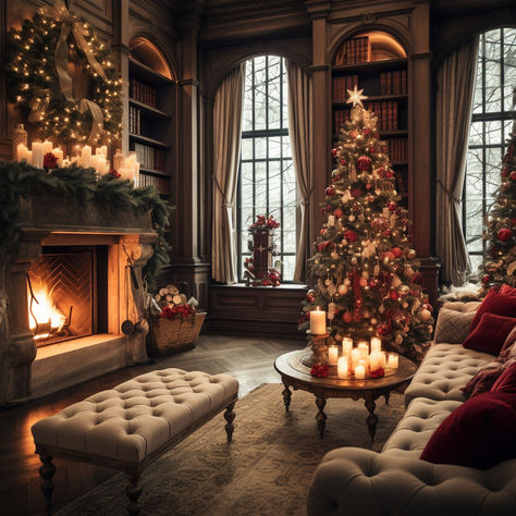 Christmas Decorated Living Room, Moody Vintage Living Room, Christmas Mansion, Manor Aesthetic, Cozy Castle, Christmas Palace, Fireplace Cozy, Christmas Castle, Atmospheric Perspective