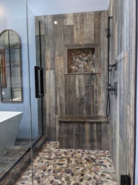 Rustic Shower Room Ideas, Walk In Shower Farmhouse Master Suite, Farmhouse Style Shower Ideas, Modern Rustic Shower Ideas, Walk In Shower Wood Tile, Rustic Master Shower Ideas, Modern Farmhouse Walk In Shower Ideas, Rustic Farmhouse Shower Ideas, Tile Shower Ideas Rustic