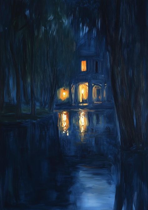 This striking artwork captures a serene nighttime landscape inspired by the style of Vincent van Gogh. The canvas print features deep hues of blue that evoke a tranquil atmosphere, complemented by the warm glow of illuminated windows reflecting on the water's surface. The painterly brush strokes highlight the movement of the night, while the surrounding trees create an almost ethereal feel to the scene. It's perfect for adding a calming presence to your home decor, inviting warmth and artistry into any space. Our custom canvas and digital print brings you an original piece that not only pays homage to the renowned artist but also showcases our unique creative vision. The contrast between the cool tones and the golden lights draws the viewer in, making it an ideal focal point for living roo Vincent Van Gogh Paintings Wallpapers, Dark Gouache Painting, Night Digital Painting, Deep Blue Aesthetic, Nighttime Painting, Dark Blue Painting, Atmospheric Drawing, Night Drawings, Van Gogh Blue