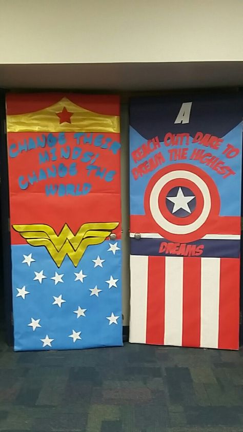 Wonder Woman Captain America classroom door Superhero Classroom Door, Daycare Thanksgiving, Superhero Teacher Appreciation, Superhero Door, Hero Classroom Theme, Teacher Door Decorations, Superhero School, Teacher Appreciation Doors, Superhero Teacher