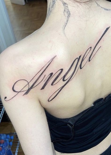 Angel Spine Tattoos For Women, Big Cursive Tattoo, Angel Written Tattoo, Long Cursive Font Tattoo, Tattoo Stencils Words, Angel Cursive Tattoo, Written Tattoo Ideas, Words On Back Tattoo, Back Tattoo Text