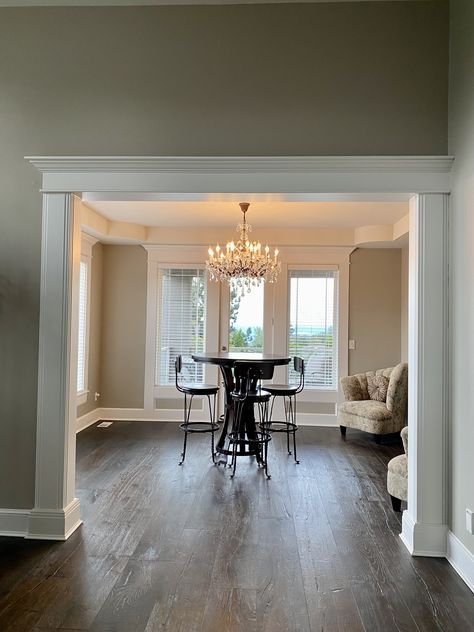 Cased Opening Trim Ideas, Vaulted Ceiling With Crown Molding, Crown Molding Cathedral Ceiling, Crown Molding Entryway, Trim On Ceiling, Columns In Living Room, Interior Column Design, Doorway Molding, Cased Opening