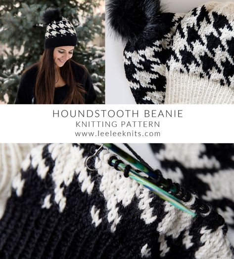 Houndstooth Beanie Knitting Pattern - Leelee Knits Stylish Winter Hats, Stranded Knitting Patterns, Fall Knitting Patterns, Knit Hat Patterns, Beanie Knitting Pattern, Diy Hats, Learning To Knit, Double Pointed Knitting Needles, Knit Beanie Pattern