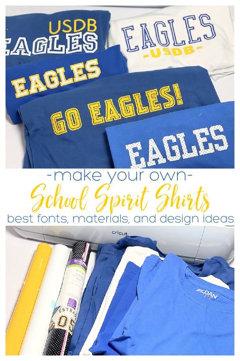 Make your own school spirit t-shirts to cheer on your kids teams. This post includes several font ideas available in Cricut Design Space, some of my favorite materials to use, as well as some design ideas so that you can make your own, using your school mascot, name, and colors. Best Cricut Fonts, Shirts Diy, Font Ideas, Make Your Own Shirt, School Spirit Shirts, Make School, Crafty Mama, Spirit Shirts, Cricut Fonts