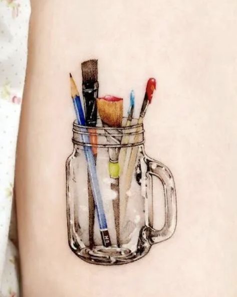 Art Tools Tattoo, Art Supply Tattoo Ideas, Artist Palette Tattoo, Art Supply Tattoo, Art Supplies Tattoo, Thrifting Tattoo, Paint Brushes Tattoo, Painter Tattoo Ideas, Tattoo Paintbrush