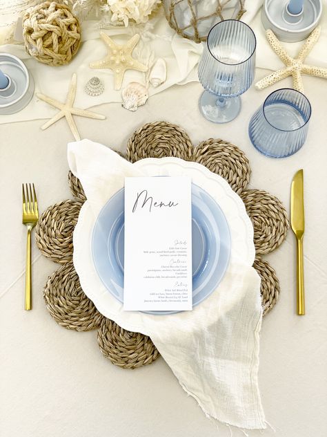 Beach Boho Table Setting, Beach Birthday Table Decorations, Bridal Shower Coastal Theme, Coastal Chic Bridal Shower Ideas, Coastal Grandma Dinner Party, Beach Theme Tablescape, Coastal Bridal Shower Theme, Ocean Bridal Shower Theme, Beach Engagement Party Ideas