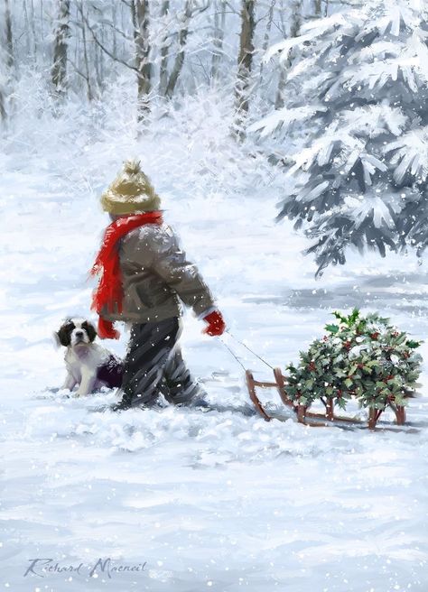 Christmas Painting, Winter Painting, Christmas Scenes, Winter Art, Christmas Paintings, Christmas Images, Sled, Christmas Pictures, Winter Scenes