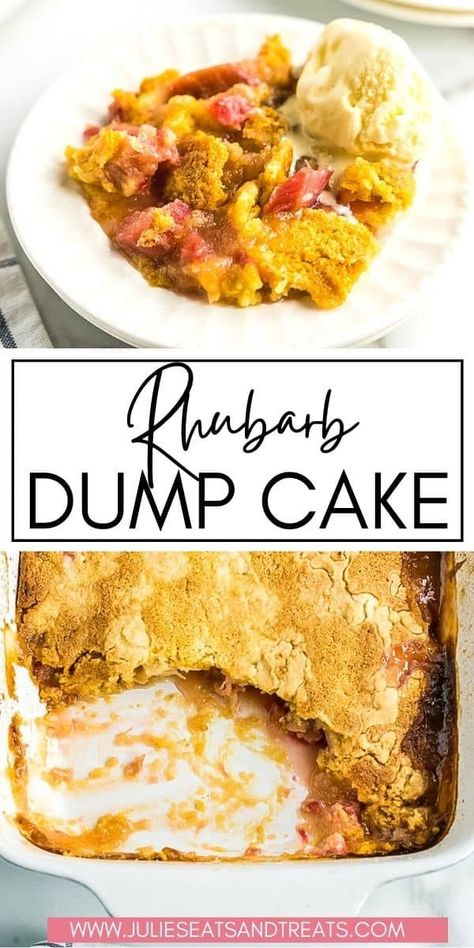 Easy dump cake that's perfect for the spring and summer! Rhubarb Dump Cake has a homemade rhubarb filling topped with a cake mix and butter. Rhubarb Dump Cake, Easy Rhubarb Recipes, Rhubarb Desserts Recipes, Rhubarb Dump Cakes, Rhubarb Cake Recipes, Strawberry Rhubarb Recipes, Rhubarb Dessert, Cake Mix Cobbler, Best Rhubarb Recipes