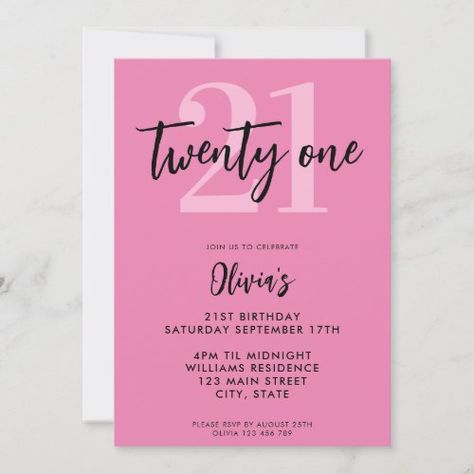 Pink 21st Birthday Invitations, Simple Party Invitations, Elegant 21st Birthday, Pink Birthday Invitations, 18th Birthday Invites, 21st Birthday Pictures, 21st Invitations, Digital Invitations Design, Pink Typography