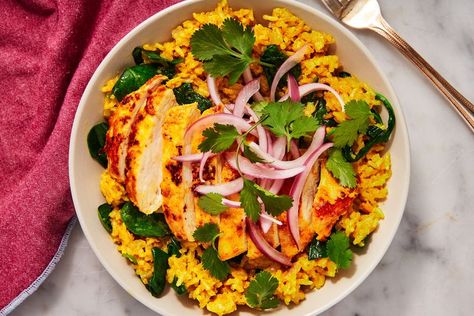 DELISH_Tyson-Individually-Frozen-Curried-Chicken-Garlic-Golden-Rice Chicken Lettuce Cups, Golden Rice, Chicken Garlic, Quick Pickled Onions, Curried Chicken, Garlic Rice, Chicken Spices, Chicken And Rice, Curry Chicken