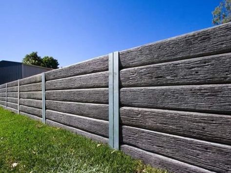 Concrete Sleeper Retaining Walls, Retaining Wall Bricks, Sleeper Retaining Wall, Concrete Sleepers, Retaining Wall Design, Concrete Retaining Walls, Fence Doors, Landscaping Retaining Walls, Modern Fence