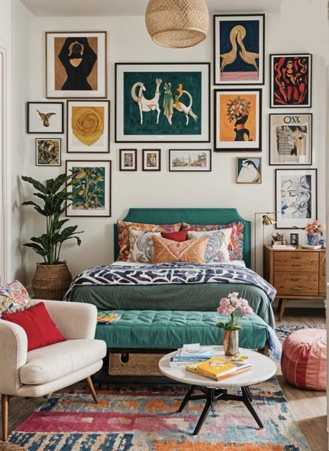 Eclectic Feminine Bedroom, Spiritual Interior, Colorful Eclectic Bedroom, Dentist Office Design Interiors, Eclectic Decor Bedroom, Green Headboard, Green Bed, Interrior Design, Bedroom 2024