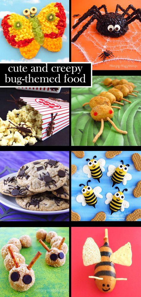 cute and creepy bug-themed food Butterfly Themed Food Ideas, Nature Themed Food, Minibeast Food Ideas, Bee Snacks For Kids, A Bugs Life Food Ideas, Edible Bug Crafts, Bug Snacks For Kids, Bug Food Ideas For Kids, Bug Dessert Ideas