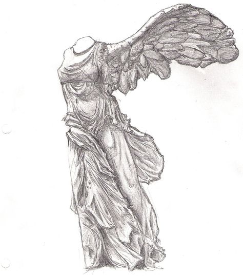 Nike Of Samothrace Drawing, Underglaze Designs, Winged Victory Of Samothrace, Woodcut Tattoo, Winged Victory, Rennaissance Art, Black Ink Tattoos, Henna Designs, Tattoo Drawings