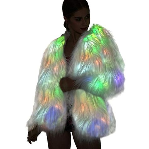 SZTOPFOCUS Women Vintage Winter Outwear Warm Light Up Burning Glow Fluffy Faux Fur Coat Sparking Rainbow LED Costume Jacket (White, L) Light Up Jacket, Led Jacket, White Fur Jacket, Fur Costume, Rave Costume, Led Costume, Cheap Halloween Costumes, Burning Man Costume, Rave Costumes