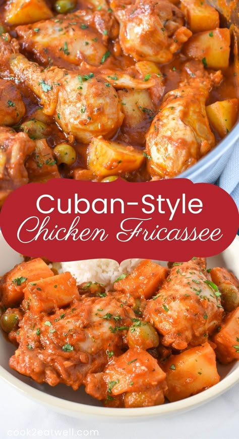 Chicken Latin Recipes, Chicken Fricassee Cuban, Cuban Chicken Fricasse Recipe, Chicken Fricase Crock Pot, Cuban Crockpot Recipes, Pollo Fricase Cuban Chicken, Cuban Food Recipes Easy, Cuban Chicken Stew, Authentic Cuban Recipes