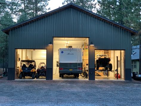 Metal Garage Doors Ideas, Garage With Lean To On Both Sides, Backyard Shop Ideas, Metal Garage Ideas, Rv Garage With Shop, Shop With Rv Parking, Metal Building With Rv Storage, Rv Barn With Shop, Pole Barn Shop Contemporary