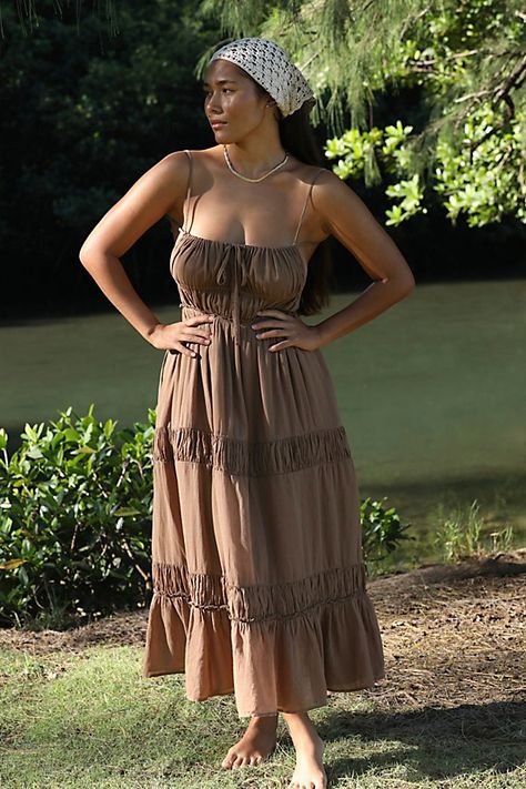 Just as effortless as it is versatile, this wear-everywhere maxi from our free-est collection is featured in a billowy, tiered silhouette with smocked detailing at the bodice and front tie detailing for added dimension. * Open back design * Adjustable, tie-back style * Lined | Taking Sides Maxi Dress by free-est at Free People in Brown, Size: S Closet Upgrade, Summer Work Dresses, Strappy Maxi Dress, Boho Clothes, Travel Clothes, Boho Chic Outfits, Long Midi Dress, Church Outfits, Summer Set