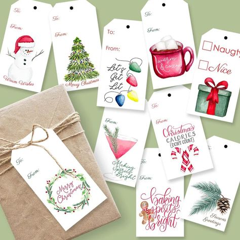 Watercolour Gift Tags Christmas, Hand Painted Gift Tags, Christmas Watercolor Gift Tags, Watercolour Gift Tags, Watercolor Gift Tags Christmas, Christmas Gift Diy Ideas, Gift Tags Diy Handmade, To And From Tags, Gift Diy Ideas