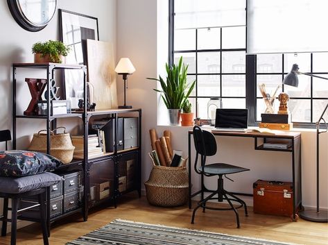 White workspace with wood floors and industrial style FJÄLLBO black metal and wood shelving and desk, by a window. Ikea Fjallbo, Fjällbo Ikea, Ikea Laptop Table, Housing Inspiration, Ikea Desk Hack, Rustic Desk, Corner Office, Timeless Furniture, Laptop Table