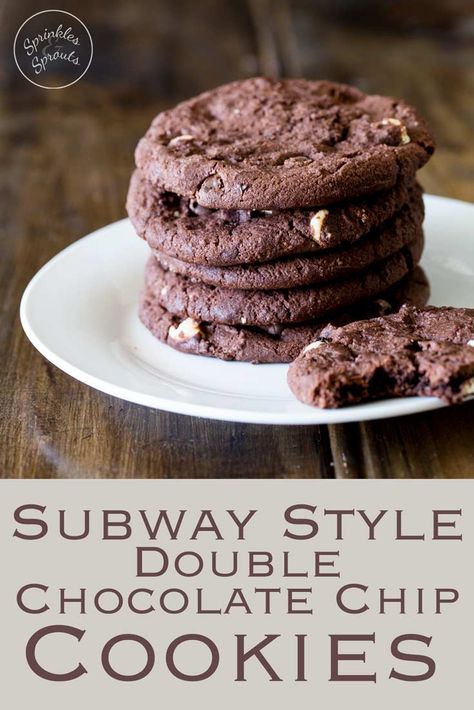 Handheld Desserts, Subway Chocolate Chip Cookies, Double Chocolate Chip Cookie Recipe, Triple Chocolate Chip Cookies, Sprouts Recipes, Triple Chocolate Cookies, Subway Style, Double Chocolate Chip Cookies, Double Chocolate Cookies