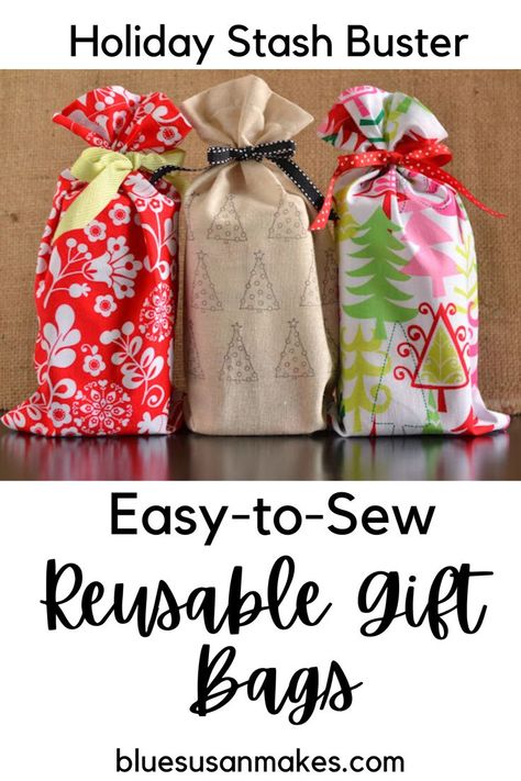 How to Make a Reusable Gift Bag with Ties - Use your holiday fabric stash to wrap your gifts this season with this adorable reusable gift bag tutorial Reusable Bags Diy, Christmas Gift Bags To Sew, Reusable Wrapping Paper, Homemade Gift Bags, Gift Bag Tutorial, Reusable Wrapping, Reusable Gift Wrap, Fabric Gift Bag, Gift Bags Diy