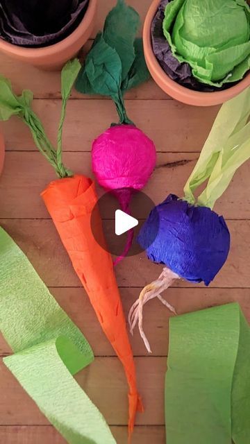 Studio Rosie on Instagram: "Crepe Paper Veggie Surprises for Easter 🥕  I found this idea from @marthastewart and I had to make these treat surprises for Easter!   I wrapped small toys, stamps, and jewelry with crepe paper in the shape of vegetables and planted them in little terracotta pots. It was so fun to watch the girls unwrap them! We ended up rolling the paper back up into vegetables to use as a pretend veggie garden 😊  #recycleandplay @recycleandplay #recyclemeplay @recyclemeplay #craftcreateandmake #easycrafts #kidcrafts #easterdiy #easteractivities #springcrafts #eastercrafts #papercrafts" Diy Paper Vegetables, Vegetables Crafts For Kids, Paper Vegetables, Vegetables Craft, Crepe Paper Craft, Vegetable Crafts, Crepe Paper Crafts, Kids Favors, Door Decorating