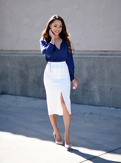 Jessica Ricks, White Skirt Outfits, Professional Skirt, Chique Outfits, Silk Outfit, Pencil Skirt White, Looks Street Style, Professional Attire, White Skirt