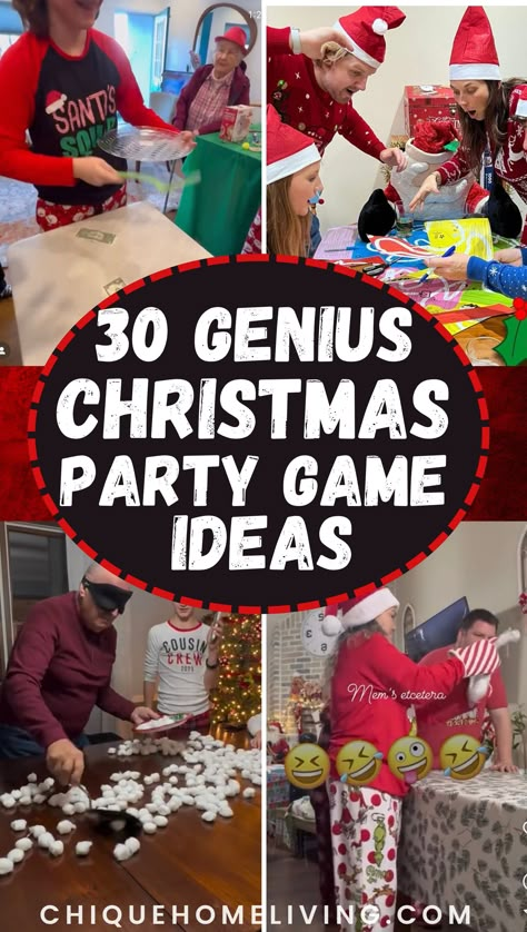 Turn your holiday gathering into an unforgettable celebration with these 30 Insanely Fun Christmas Party Game Ideas! 🎄 From classic favorites to creative new twists, these games are perfect for all ages. Try hilarious options like "Wrap the Mummy" gift wrap races, Christmas trivia challenges, or a "Pin the Nose on Rudolph" spin for kids. Adults will love festive drinking games, a White Elephant gift exchange, or a spirited round of holiday charades Christmas Party Reindeer Games, Christmas Chaos Game, Hilarious Christmas Games For Adults, Christmas Tree Poke Game, Fun Unwrapping Gift Games, Fun Games At Christmas, Fun Christmas Party Game, Christmas Games For Teens Families, Holiday Christmas Party Games