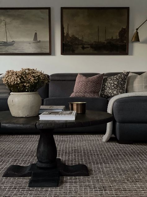 Cool Sofa, Dark Grey Couch Living Room, Chris Loves Julia X Loloi, Moody Living Room, Small Sectional, Small Sectional Sofa, Grey Couch Living Room, Moody Decor, Dark Living Rooms