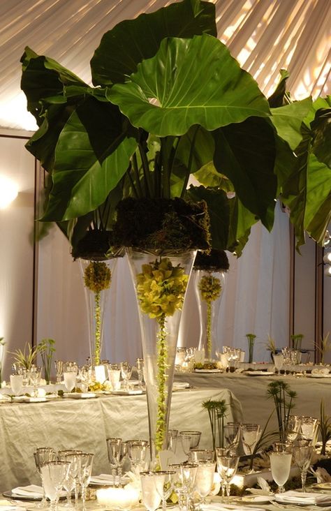 White and green Father's Day brunch centerpiece by Preston Bailey. Look at those palm leaves! Brunch Centerpieces, Father's Day Decorations, Father's Day Brunch, Fathers Day Brunch, Fresh Flower Arrangements, Preston Bailey, Tropical Centerpieces, Centerpieces Floral, Green Centerpieces