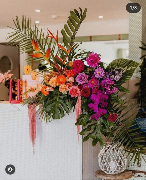 Tropical Themed Retirement Party, Tropical Bar Arrangement, Neon Tropical Wedding, Tropical Theme Corporate Event, Tropical Colors Wedding, Tropical Wedding Arrangements, Jungle Flower Arrangements, Tropical Florals Wedding, Tropical Table Scape