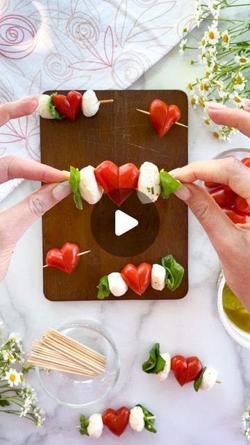 Heart Caprese, Caprese Salad Skewers, Caprese Skewers, Baby Tomatoes, Tomato Mozzarella, Valentine's Day Recipes, Valentines Food, 2024 Christmas, Balsamic Glaze