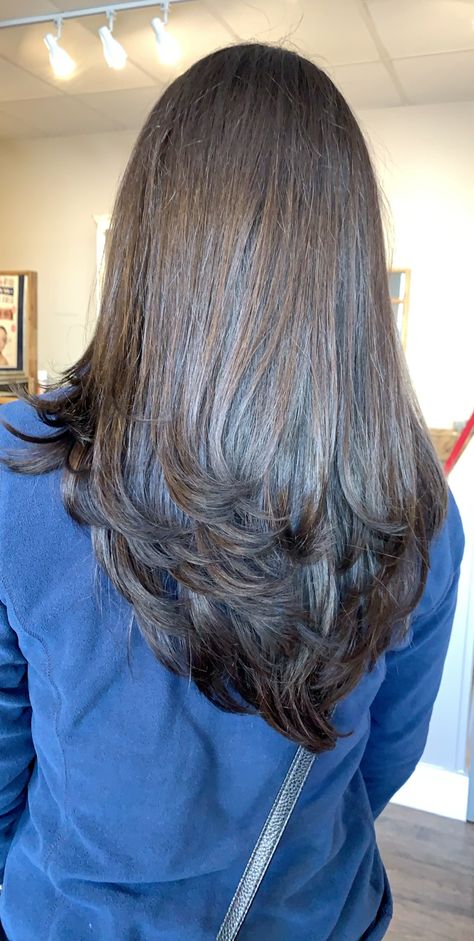 Layered dark brown hair Deep U Haircut Long Hair, Step Layer Haircut, Straightened Layered Hair, Pick A Boo Hair, Brown Hair With Black Underneath, Layered Dark Brown Hair, Step Cut Haircuts, Concave Layers, Wudu Steps