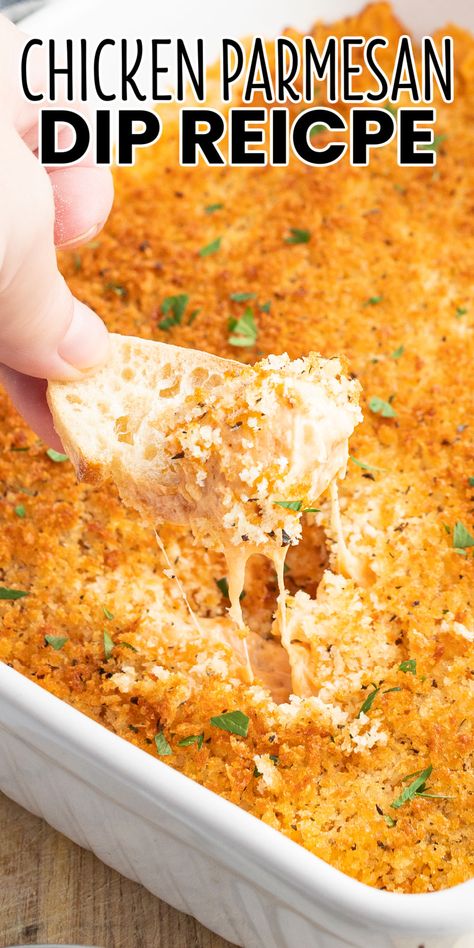 Chicken Parmesan Dip turns the Italian flavors you love into a cheesy dip that's to die for! It's a great addition to any get-together! #BreadBoozeBacon #chickenparmesan #chicken #dip #mozzarella #creamcheese #parmesan #pastasauce #breadcrumbs #appetizer #gameday #partyfood #superbowl #potluck Easy Chicken Dips, Chicken Parmesan Dip, Cream Cheese Chicken Dip, Appetizer Dips Hot, Chicken Cheese Dip, Crockpot Chicken Parmesan, Parmesan Dip, Italian Chicken Crockpot, Baked Dips