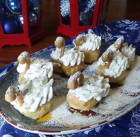 Eggnog Filled Cream Puffs for 7 Swans A Swimming Filled Cream Puffs, 7 Swans A Swimming, Christmas Goose, White Platter, Cream Puff, Choux Pastry, Custard Filling, Elegant Desserts, Cream Puffs