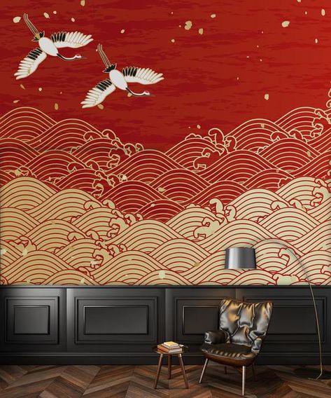 Sushi Bar Design, Chinese Interior Design, Japanese Restaurant Interior, Japanese Wall Decor, Wave Drawing, Restaurant Themes, Chinese Interior, Wallpaper Home Decor, Japanese Decor