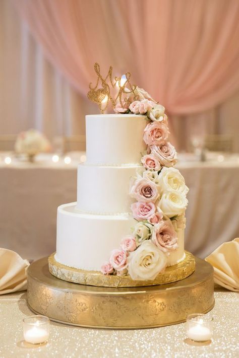 25th Anniversary Cake 3 Tier, Cascading Roses Cake, White And Blush Wedding Cake, Wedding Cake Blush Flowers, Flower Cascade Cake, Wedding Cake With Pink Roses, 3 Tier Flower Cake, 3 Tier Wedding Cakes Elegant Romantic, Anniversary Cake 3 Tier