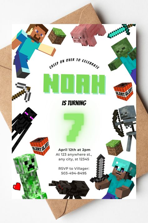 Minecraft invitation. Can be edited in a minute or two. Minecraft Invitations, Minecraft Birthday Invitations, Minecraft Birthday Party, Minecraft Birthday, Minecraft Party, 7th Birthday, Birthday Party Invitations, Birthday Invitations, Party Invitations